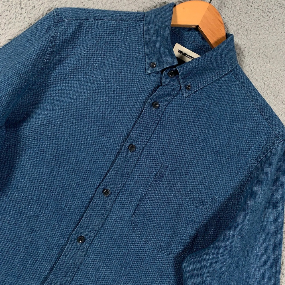 Taylor Stitch The Jack Shirt Mens 38 Blue Linen Cotton Waffle Weave Long Sleeve